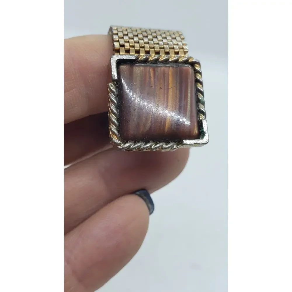 Vintage Cufflinks 1950 Mesh Wrap Gold Plated Lucite Faux Wood Tie Bar Cuff Links